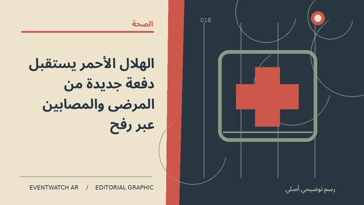 رسم تحريري توضيحي عن الهلال الأحمر يستقبل دفعة جديدة من المرضى والمصابين عبر رفح